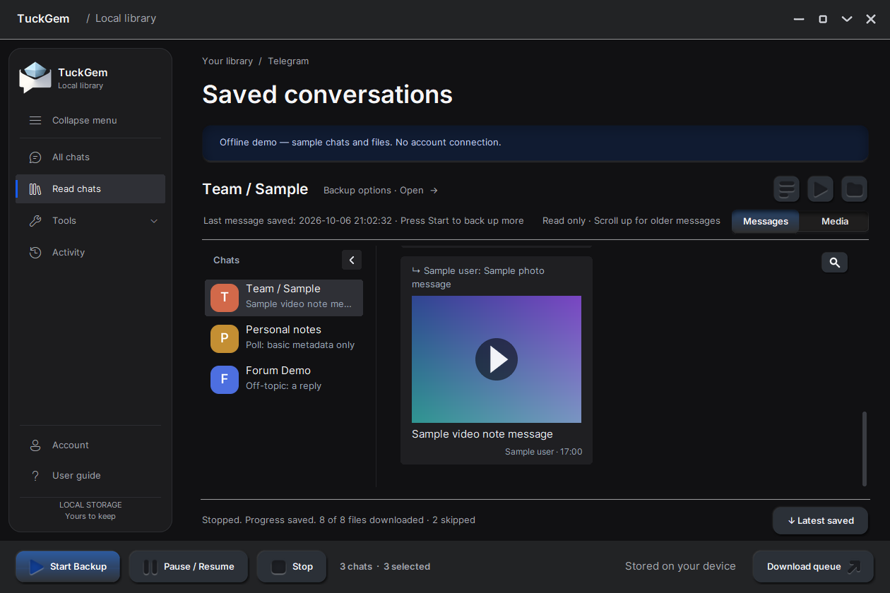 TuckGem’s reader showing a saved sample conversation with a video message