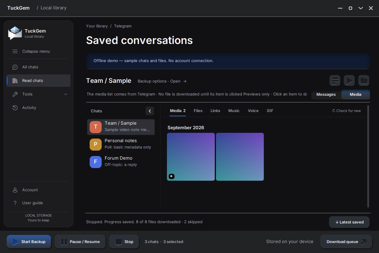 TuckGem’s Media page showing a sample chat’s videos grouped under September 2026
