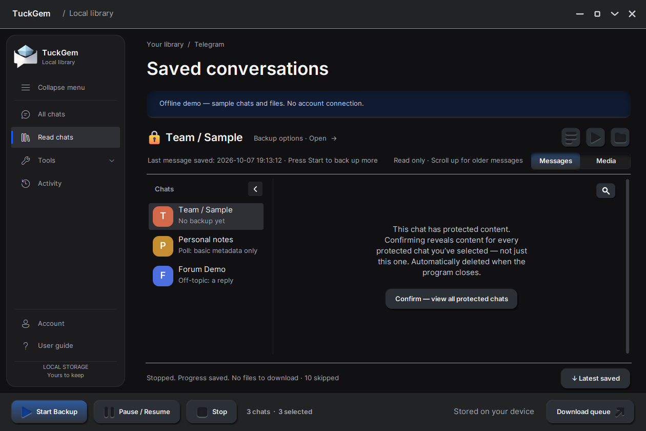 A protected chat in the reader before confirming: a card explaining the temporary view and the button “Confirm — view all protected chats”